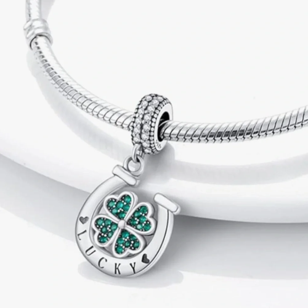 Lucky charm Horseshoe 925 Silver and Green Clover charm for Pandora